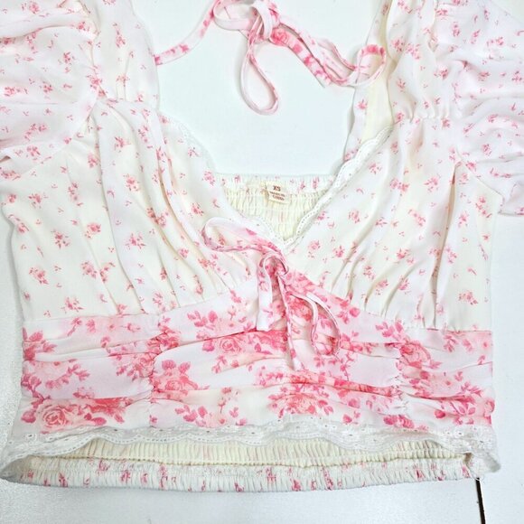 Vintage Y2K 90s Prairie Cottagecore Pink Wihte Floral Smocked Cropped Top - Picture 3 of 11